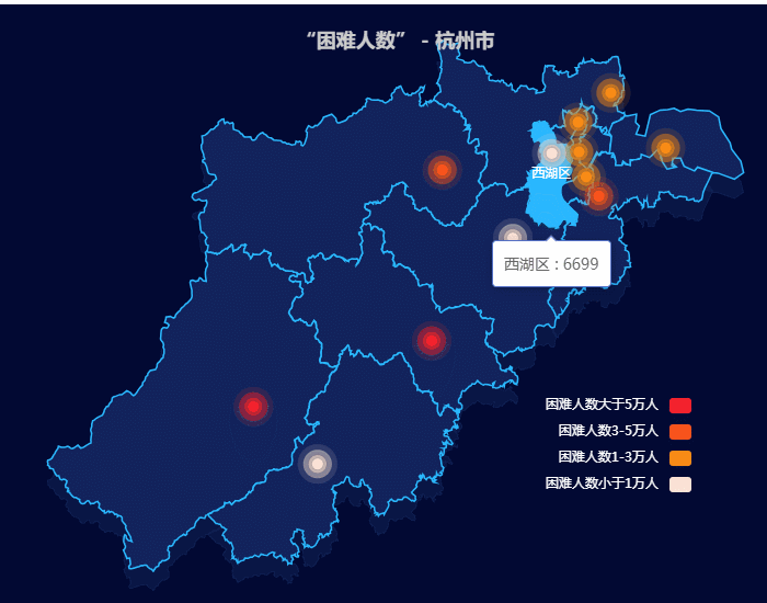 Echarts地图实现：杭州市困难人数分布【动画滚动播放】
