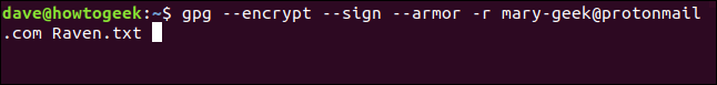 gpg --encrypt --sign --armor -r mary-geek@protonmail.com in a terminal window