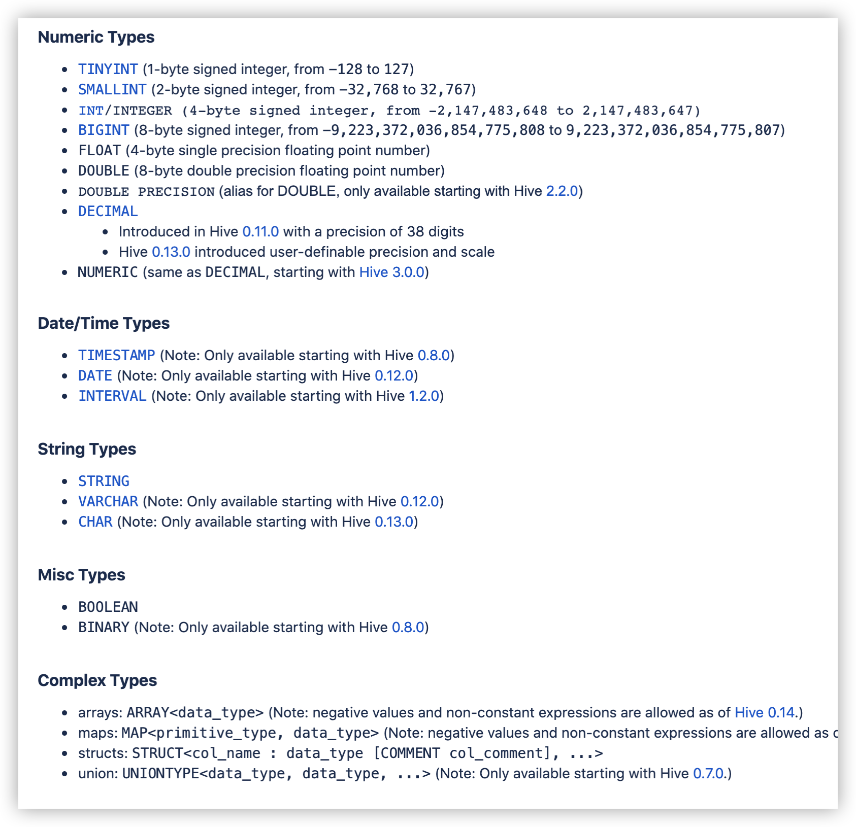 Hive 支持的数据类型 - 摘自官网wiki