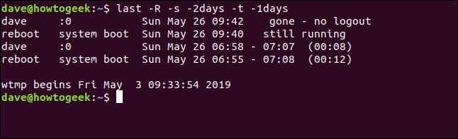 last -R -s -2days -t -1days in a terminal window