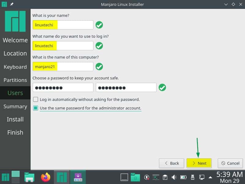 Hostname-Username-Info-Manjaro21-Installation