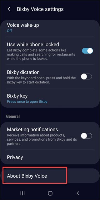 Bixby settings menu with "About Bixby voice" call out.