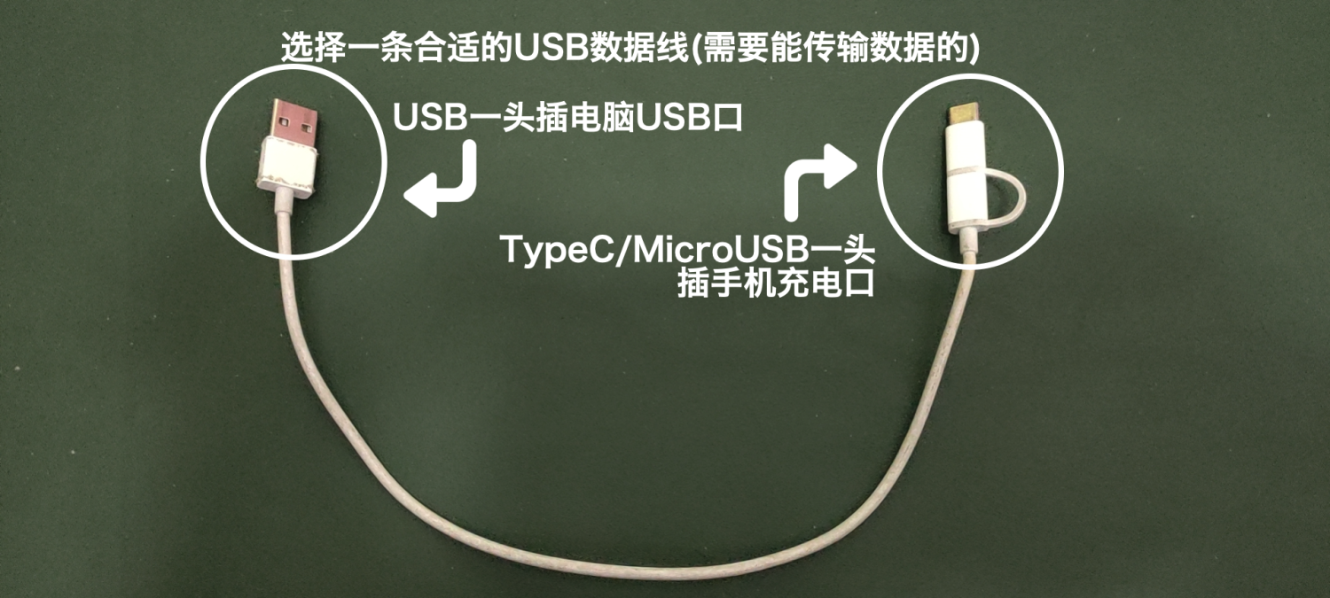 准备数据线连接电脑和手机