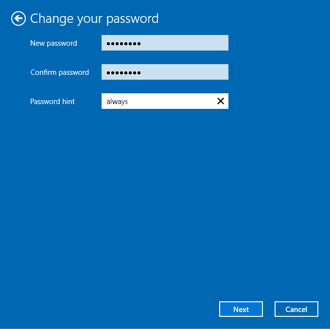 Provide New Password with Password Hint
