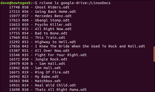 rclone ls google-drive:/LinuxDocs in a terminal window