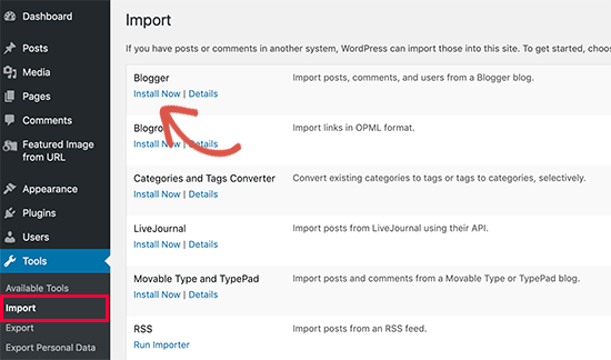 Install Blogger importer tool for WordPress