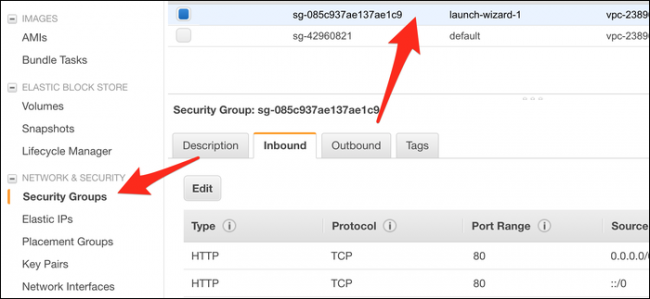 Click the "Security Groups" tab, and then select the group (probably "Launch-Wizard-1") your instance is using. 