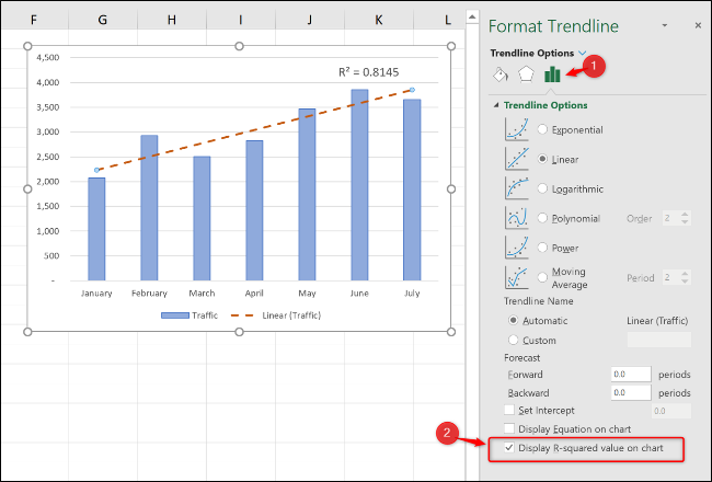 Click the "Trendline Options" category, and then check the "Display R-squared value on chart" checkbox.