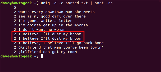 The "uniq -d -c sorted.txt | sort -rn" command and output in a terminal window.
