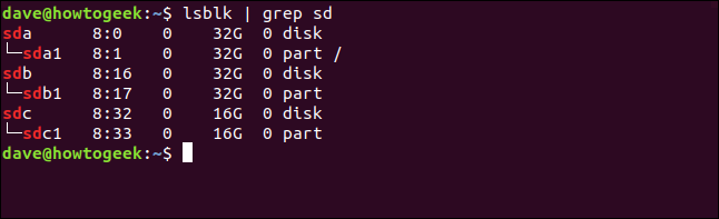 Output from lsblk showing unmounted block devices in a terminal window