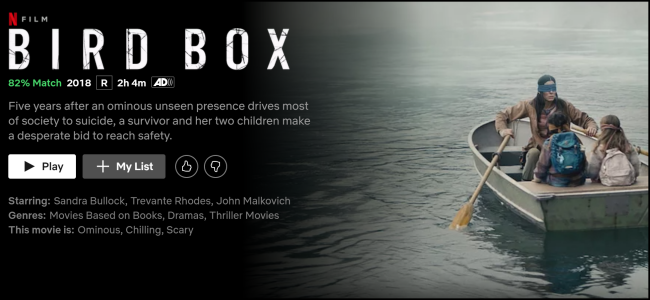 The "Bird Box" watch page on Netflix.