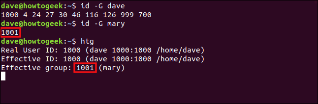 The "id -G dave," "id -G mary," and "htg" commands in a terminal window.