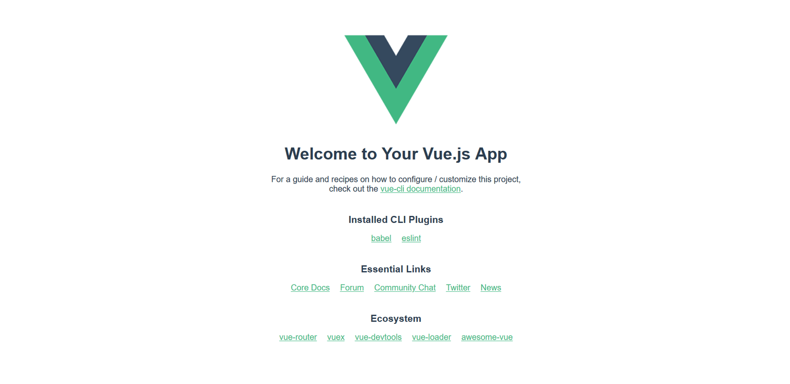 default vue app render, with vue logo, welcome message, and some documentation links