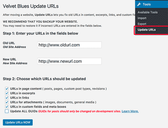 Velvet Blues Update URLs plugin settings