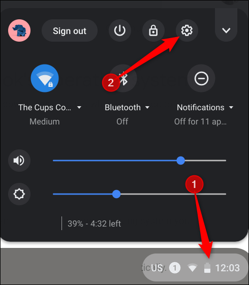 Click the notification tray and click the Settings cog when it expands.