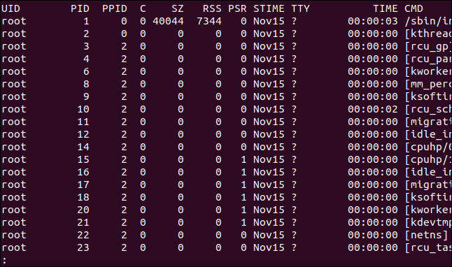 output from ps -eF | less in a terminal window, left hand side of the display
