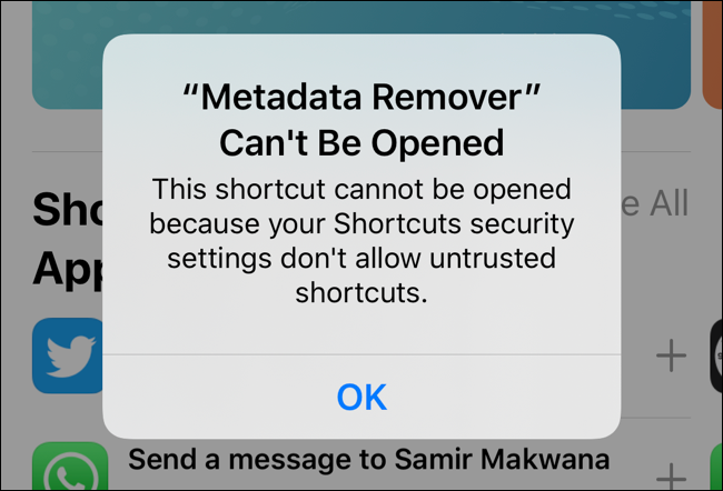 A security warning message in the Shortcuts app.