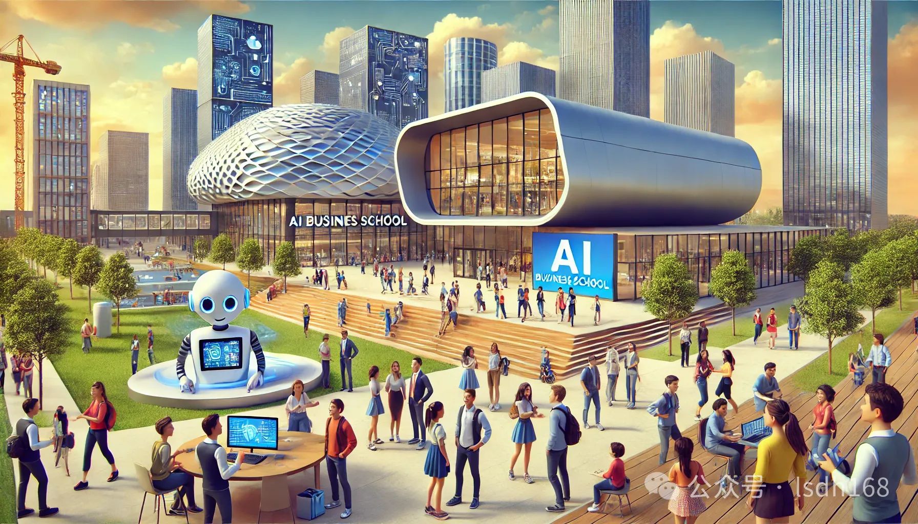 A modern campus of an AI Business School with a futuristic building and a diverse group of students and teachers interacting happily in the foreground. The scene is depicted in a 3D Pixar style, capturing a vibrant and engaging learning environment.