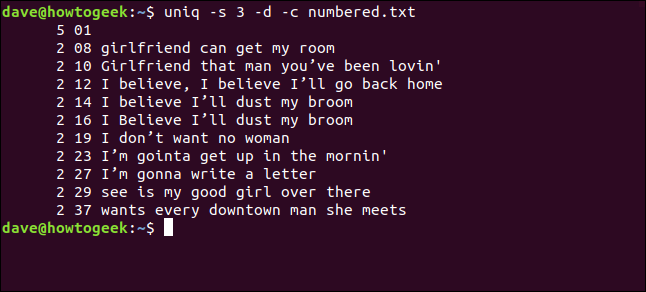 The "uniq -s 3 -d -c numbered.txt" command in a terminal window.
