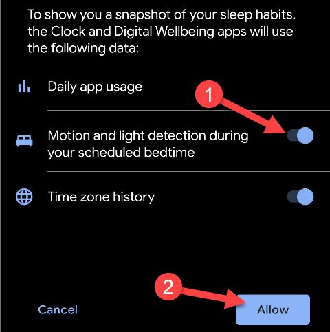 Toggle-on "Motion and Light Detection During Your Scheduled Bedtime," and then tap "Allow."