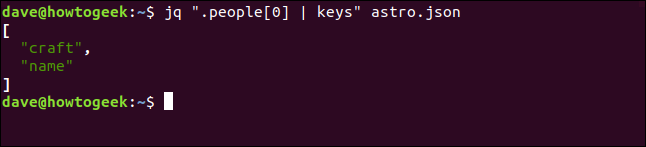 The "jq ".people.[0] | keys" astro.json" command in a terminal window.