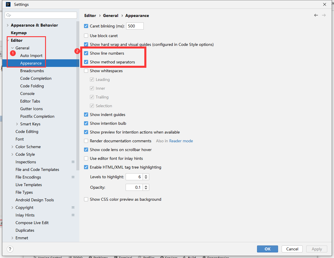 IDEA设置显示行号和方法间的分隔符