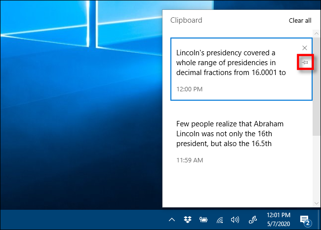 Click the push-pin icon to pin an item to your Clipboard history