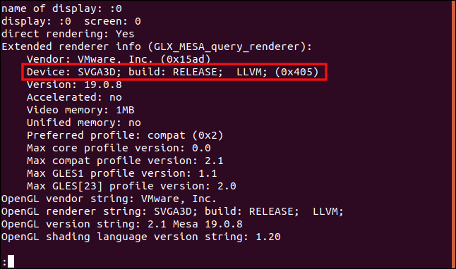 The Device line highlighted in the output from the "glxinfo -B | less" in a terminal window.