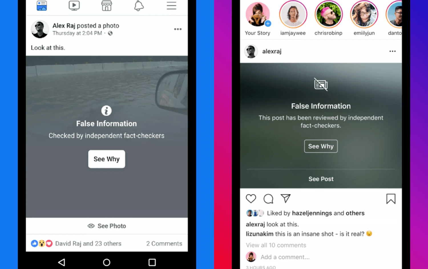 Side-by-side comparison of how Facebook and Instagram use an overlay to obscure “false information”