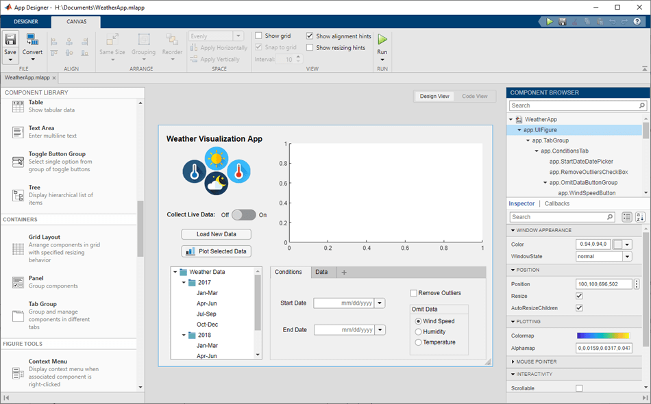 Weather visualization app in App Designer Design View