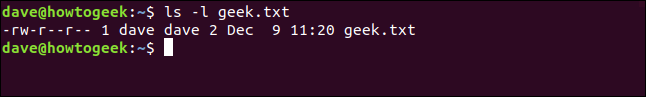 The "ls -l geek.txt" command in a terminal window.