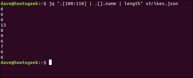 The "jq ".[100:110] | .[].name | length" strikes.json" command in a terminal window.