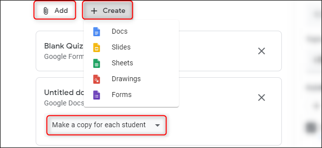 The Google Classroom Quiz "Create" attachment menu.