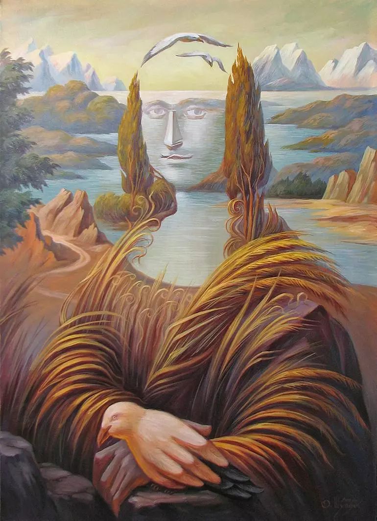 每一幅画里美丽的自然环境中,都隐藏着人像,    使人能在一幅画中同时