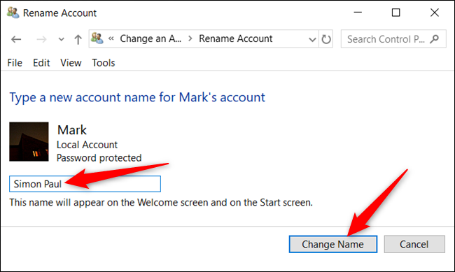 Type in a new name and click "Change name."