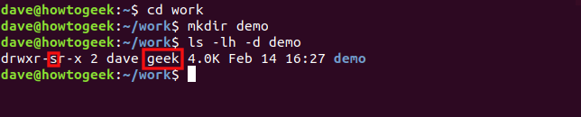 The "cd work," "mkdir demo," and "ls -lh -d demo cd work" commands in a terminal window.