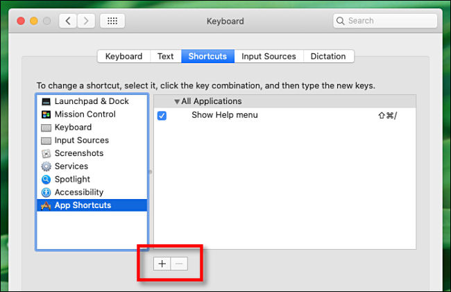 Click the plus sign (+) to add a keyboard shortcut.