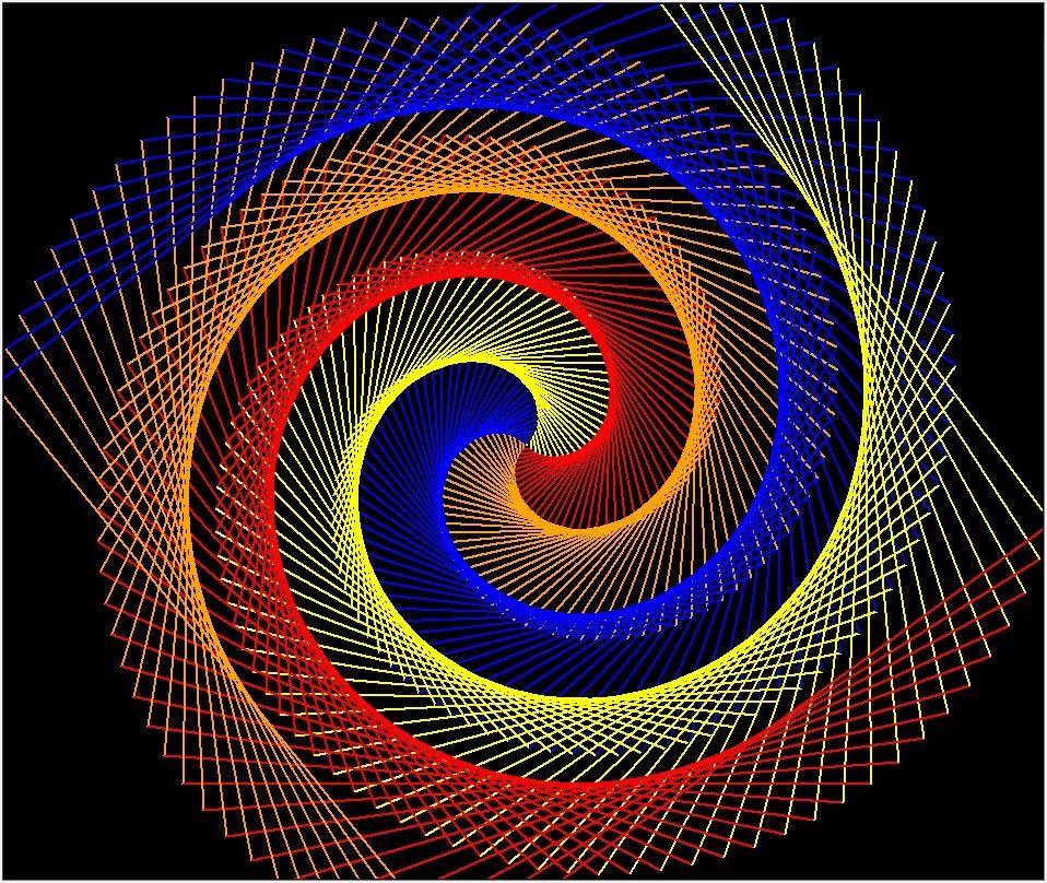 python turtle绘图[难度2星]:多边形螺旋线(颜色交叉/颜色分层)