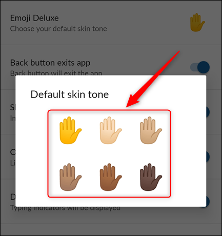 The "Default skin tone" panel