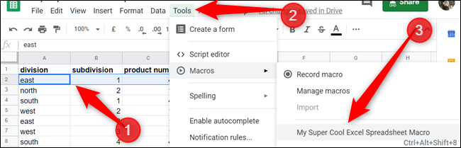 If you made a relative referenced macro, highlight the cells, then click Tools > Macros > YourMacroName, to run the macro