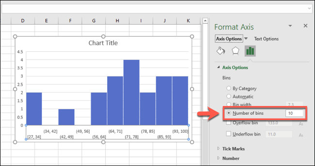 An Excel histogram, with bin groupings grouped by number of bins