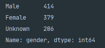 Console output showing the value counts of the newly renamed categories from the gender column.