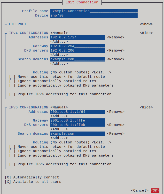 nmtui ethernet static IP