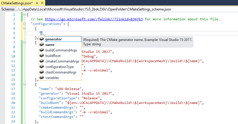 CMake Settings IntelliSense