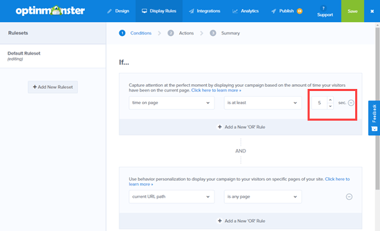 Editing your welcome mat's display rules in OptinMonster