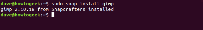 A "gimp 2.10.18 from Snapcrafters installed" message in a terminal window.