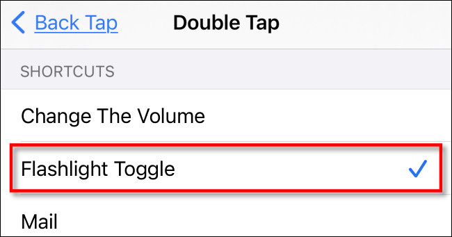 In Back Tap settings, select the "Flashlight Toggle" shortcut.