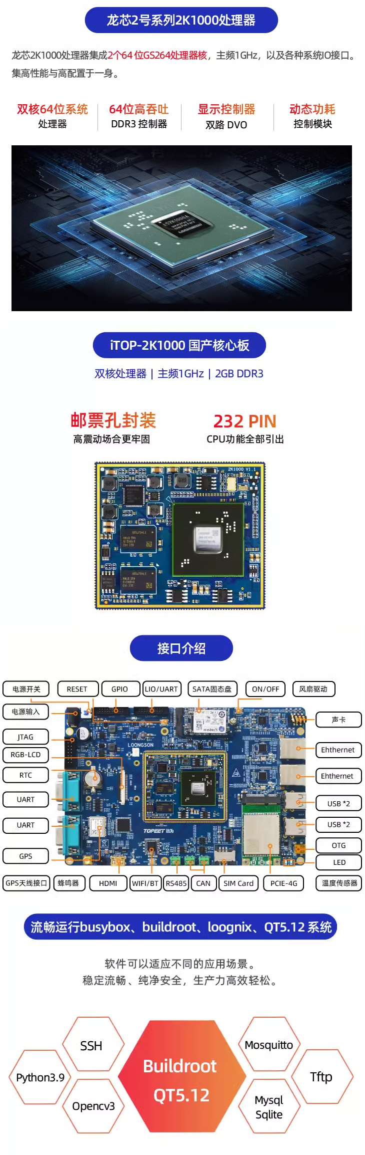 龙芯2K1000双核处理器主板支持SATA固态盘,4G,GPS,WIFI蓝牙等接口