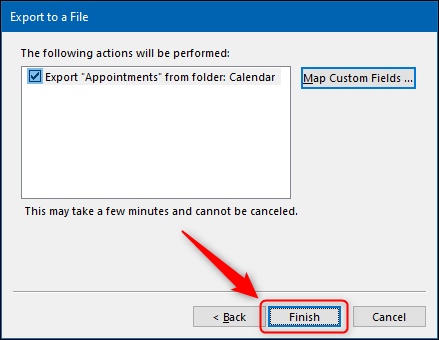 The "Import and Export Wizard" with the "Finish" button highlighted.