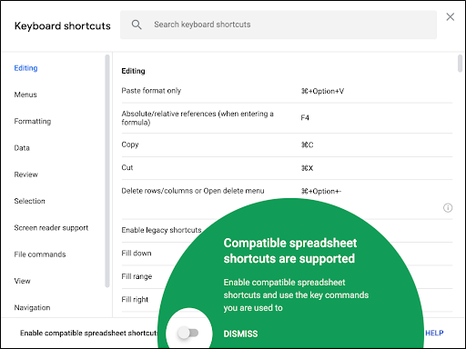 Example of Google Sheets compatible shortcuts.